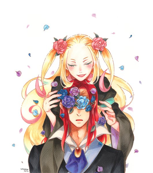 Anime picture 972x1100 with katanagatari white fox hiteihime (katanagatari) souda emonzaemon nyangsam long hair tall image blush blue eyes simple background blonde hair standing white background twintails pink hair red hair eyes closed long sleeves traditional clothes parted lips