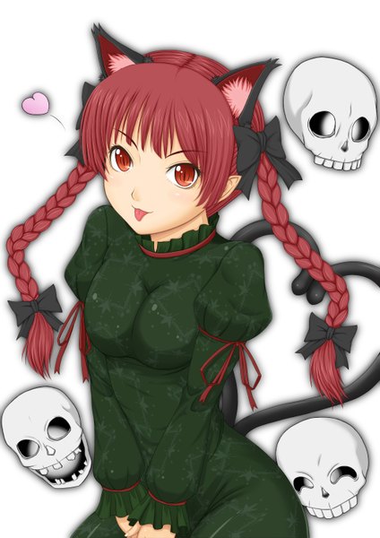Anime picture 1050x1485 with touhou kaenbyou rin hero rice (artist) single long hair tall image red eyes animal ears red hair braid (braids) cat ears cat tail twin braids :p multiple tails extra ears girl tongue skull
