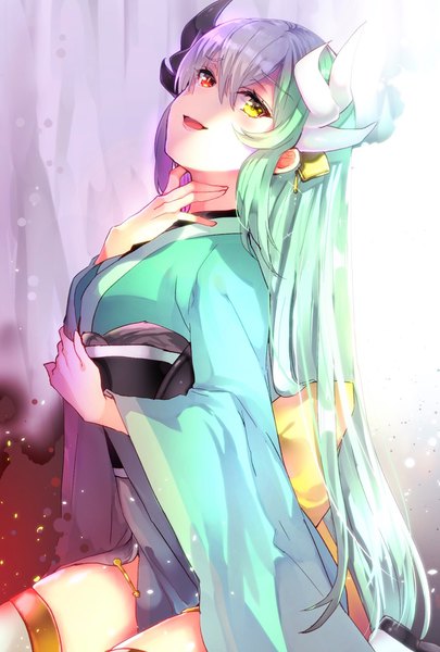 Anime picture 1129x1672 with fate (series) fate/grand order kiyohime (fate) kirushi (killcy) single tall image looking at viewer blush fringe open mouth smile hair between eyes red eyes sitting yellow eyes purple hair very long hair traditional clothes head tilt :d