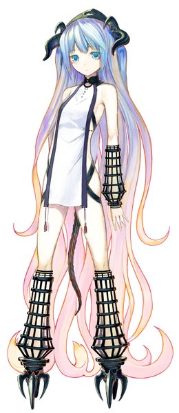Anime picture 1544x3564 with pixiv fantasia iv kimura daisuke single tall image blue eyes simple background white background bare shoulders blue hair pink hair full body very long hair multicolored hair horn (horns) demon tail girl