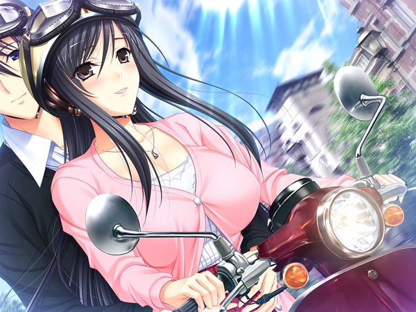 Anime picture 1024x768 with walkure romanze long hair blush black hair game cg black eyes hug girl dress boy pendant goggles helmet motorcycle motorcycle helmet