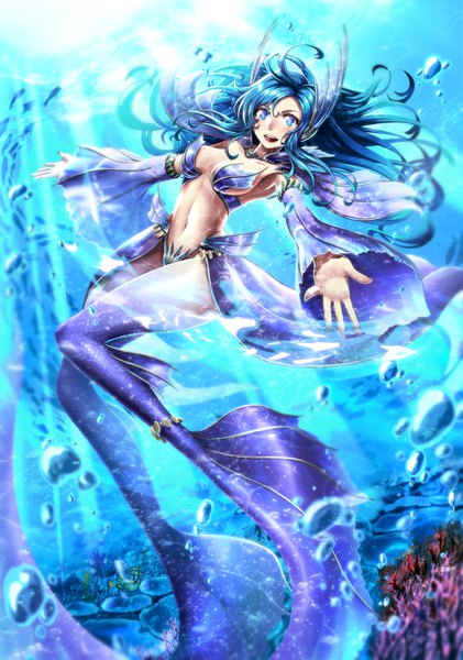 Anime picture 862x1229 with original kurobuchi numama single long hair tall image looking at viewer breasts open mouth blue eyes light erotic smile blue hair sunlight teeth spread arms underwater monster girl girl navel detached sleeves