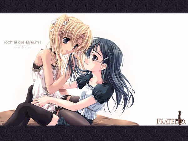 Anime picture 1600x1200 with gunslinger girl madhouse triela claes miyama zero long hair black hair blonde hair simple background white background sitting twintails multiple girls parted lips black eyes shoujo ai third-party edit sitting on person cropped extended