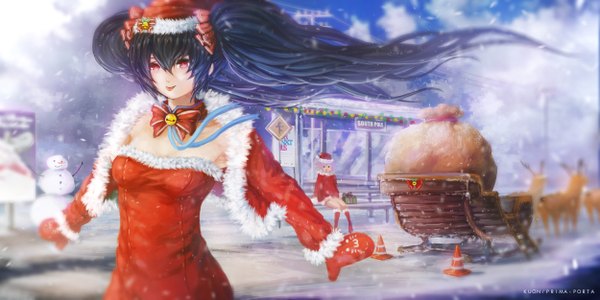 Anime picture 5000x2500 with original kuon (kwonchanji) single long hair highres black hair red eyes wide image absurdres blurry fur trim snowing christmas winter snow :p girl dress hat animal