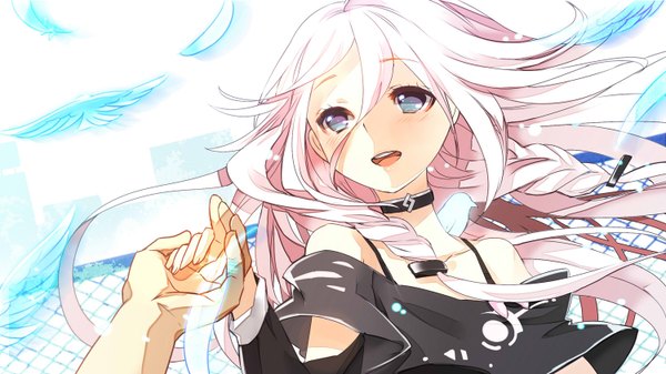 Anime picture 1500x844 with vocaloid ia (vocaloid) gin (oyoyo) long hair fringe open mouth wide image bare shoulders pink hair braid (braids) aqua eyes twin braids happy girl animal bird (birds) pendant