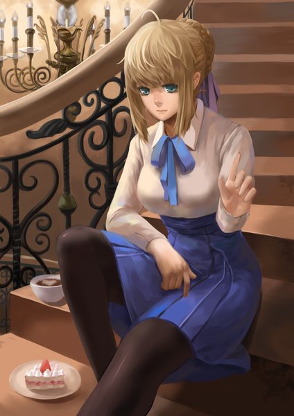 Anime picture 2480x3507 with fate (series) fate/stay night studio deen type-moon artoria pendragon (all) saber gu-ko citemer single tall image highres short hair blonde hair sitting green eyes girl skirt miniskirt pantyhose sweets black pantyhose