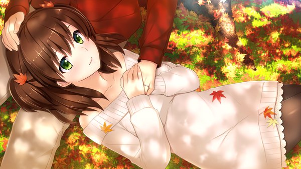 Anime picture 1280x720 with gin'iro haruka nashiro momiji blush short hair brown hair wide image green eyes game cg lying two side up girl leaf (leaves) maple leaf sweater dress