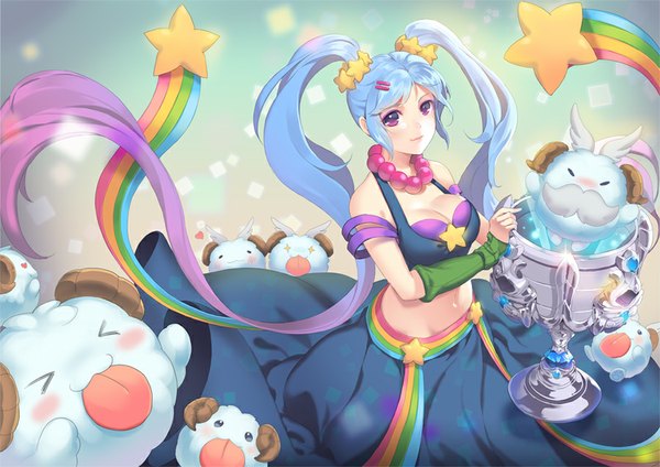 Anime picture 900x636 with league of legends sona buvelle poro (league of legends) arcade sona (league of legends) dakun87 (artist) single looking at viewer blush breasts smile purple eyes very long hair multicolored hair horn (horns) bare belly girl navel hair ornament wings tongue
