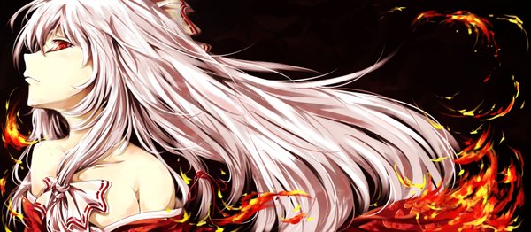 Anime picture 3508x1535 with touhou fujiwara no mokou litsvn single long hair looking at viewer fringe highres breasts simple background red eyes wide image bare shoulders profile grey hair black background close-up girl bow hair bow