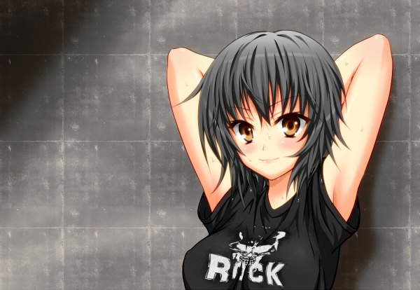 Anime picture 1200x829 with original oshou (artist) single looking at viewer blush short hair black hair brown eyes clothes writing girl t-shirt