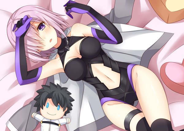 Anime picture 2000x1421 with fate (series) fate/grand order mash kyrielight komori kuzuyu single looking at viewer blush fringe highres short hair breasts open mouth light erotic large breasts purple eyes bare shoulders pink hair cleavage lying from above