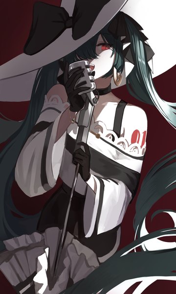 Anime picture 3000x5000 with vocaloid project voltage hatsune miku dark miku (project voltage) seorang single long hair tall image fringe highres open mouth red eyes :d green hair hair over one eye shaded face singing girl dress gloves