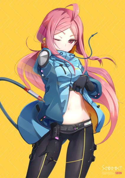 Anime picture 707x1000 with original pemu single tall image blush breasts light erotic smile standing pink hair ahoge very long hair one eye closed pink eyes bare belly floating hair yellow background headphones around neck girl gloves