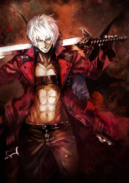 Anime picture 848x1200 with devil may cry touhou remilia scarlet dante (devil may cry) banpai akira tall image looking at viewer short hair smile purple hair white hair grey eyes grin muscle bat wings back to back vampire girl boy navel