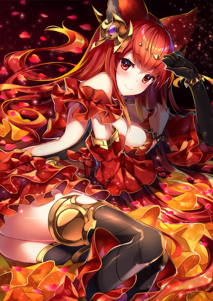 Anime picture 1800x2541 with granblue fantasy anthuria homaderi single long hair tall image looking at viewer blush fringe highres breasts light erotic smile red eyes large breasts animal ears red hair on side reclining girl