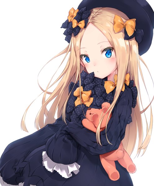 Anime picture 1158x1403 with fate (series) fate/grand order abigail williams (fate) minikon single long hair tall image blush blue eyes simple background blonde hair white background long sleeves cute girl dress bow hair bow hat black dress