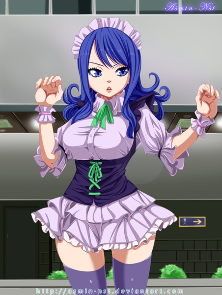 Anime picture 1500x1991 with fairy tail juvia lockser iitheluciferii single long hair tall image open mouth blue eyes blue hair maid coloring underbust girl thighhighs headdress maid headdress wrist cuffs corset