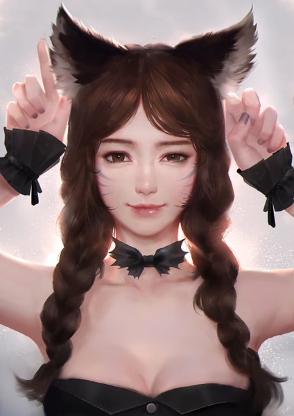 Anime picture 900x1273 with league of legends ahri (league of legends) fom (lifotai) single long hair tall image looking at viewer fringe breasts brown hair large breasts bare shoulders brown eyes animal ears cleavage braid (braids) nail polish fingernails light smile lips