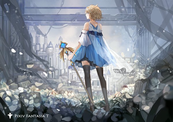 Anime picture 852x600 with original pixiv fantasia pixiv fantasia t cang tong single short hair blue eyes blonde hair standing bare shoulders looking back wind from behind girl thighhighs dress black thighhighs detached sleeves petals building (buildings)