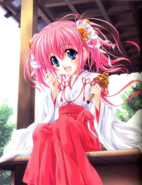 Anime picture 2092x2720 with miyama zero single tall image highres open mouth blue eyes sitting pink hair traditional clothes japanese clothes loli miko girl hair ornament ribbon (ribbons) bell jingle bell kagura suzu chihaya (clothing)