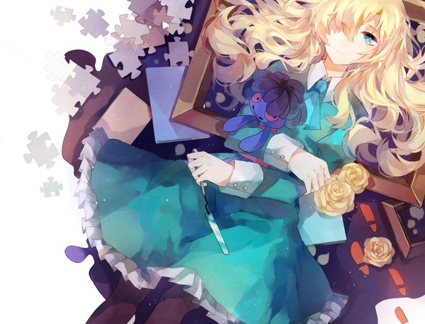 Anime picture 1805x1377 with ib (game) mary (ib) kkkury single long hair looking at viewer fringe highres blonde hair lying from above hair over one eye on back glow footprints girl dress flower (flowers) pantyhose rose (roses)