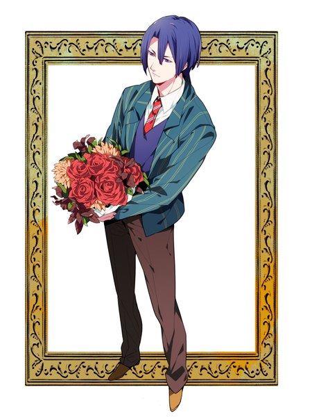 Anime picture 600x800 with uta no prince-sama a-1 pictures hijirikawa masato yuzumame single tall image short hair simple background standing white background purple eyes blue hair looking away from above empty picture frame boy uniform flower (flowers) school uniform rose (roses)