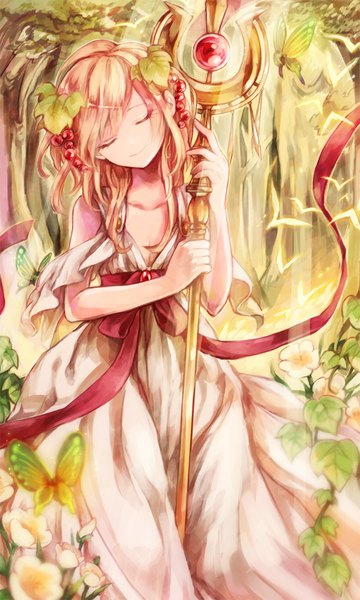 Anime picture 600x1000 with magi the labyrinth of magic a-1 pictures scheherazade (magi) eim single long hair tall image blonde hair holding eyes closed light smile sunlight girl dress hair ornament flower (flowers) ribbon (ribbons) plant (plants) tree (trees) food