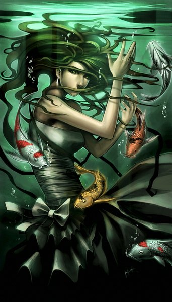 Anime picture 800x1400 with original ninjatic single long hair tall image looking at viewer bare shoulders green eyes green hair sleeveless underwater girl dress bubble (bubbles) fish (fishes)