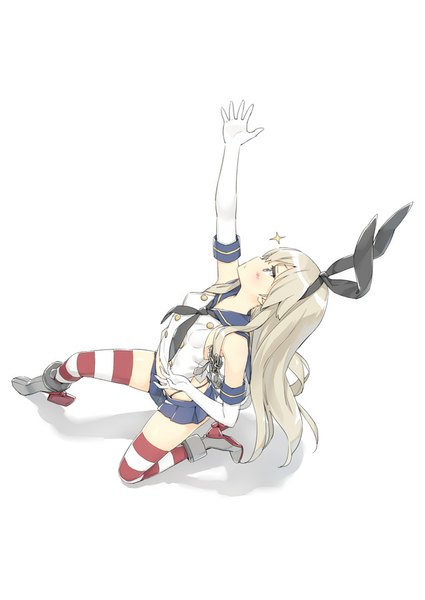 Anime picture 637x900 with kantai collection shimakaze destroyer kani biimu single long hair tall image blush light erotic simple background white background silver hair profile shadow outstretched arm silver eyes girl thighhighs gloves bow hair bow