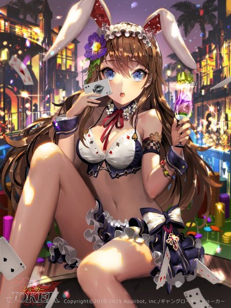 Anime picture 750x1000 with joker ~gang road~ rebecca myers tob single long hair tall image looking at viewer blush fringe breasts open mouth blue eyes light erotic hair between eyes brown hair large breasts sitting holding animal ears payot