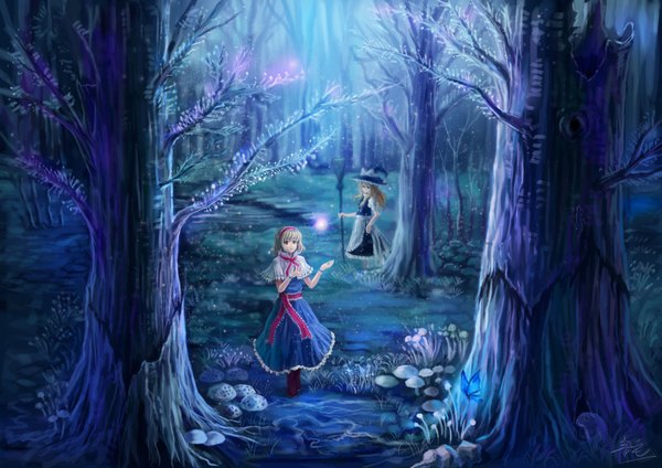 Anime picture 3508x2480 with touhou kirisame marisa alice margatroid oto taku (artist) highres blonde hair absurdres girl plant (plants) hat tree (trees) witch hat forest broom fireflies mushroom (mushrooms)