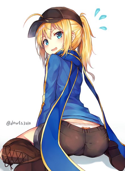 Anime picture 850x1159 with fate (series) fate/grand order artoria pendragon (all) mysterious heroine x (fate) huwari (dnwls3010) single long hair tall image looking at viewer blush fringe open mouth light erotic simple background blonde hair hair between eyes white background sitting signed payot