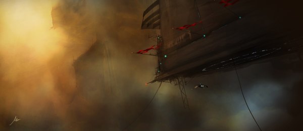 Anime picture 1400x609 with original pupiberto (artist) wide image dust science fiction flag aircraft airship