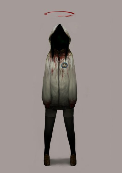 Anime picture 2480x3508 with original takeyuki15 single long hair tall image highres black hair simple background grey background shadow angel hands in sleeves no face girl thighhighs black thighhighs blood halo hoodie