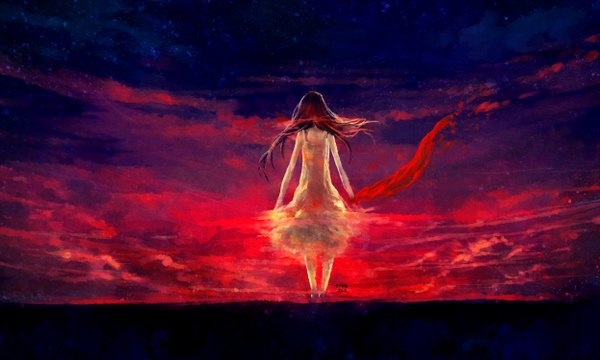 Anime picture 2500x1500 with original nanfe single long hair highres black hair wide image signed sky cloud (clouds) from behind evening sunset girl scarf sundress