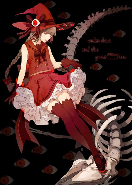 Anime picture 1680x2350 with wadanohara and the great blue sea wadanohara kuroko (artist) long hair tall image fringe open mouth smile red eyes brown hair bare shoulders braid (braids) pleated skirt inscription single braid skeleton eyes girl thighhighs skirt