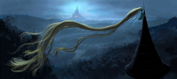 Anime picture 3400x1534 with tangled rapunzel single long hair highres blonde hair wide image absurdres very long hair night girl tree (trees) forest castle roof