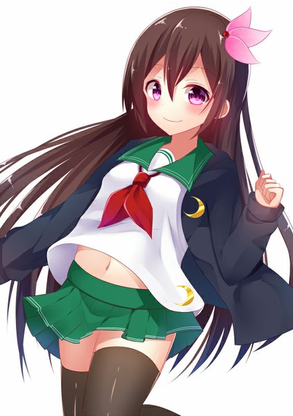 Anime picture 565x800 with kantai collection kisaragi destroyer igaya seiu single long hair tall image looking at viewer blush fringe simple background smile hair between eyes brown hair white background pink eyes remodel (kantai collection) girl thighhighs skirt navel