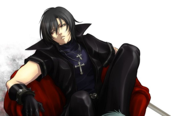 Anime picture 1200x815 with togainu no chi nitro+chiral shiki (tnc) single short hair black hair simple background red eyes white background sitting looking away open clothes open jacket boy gloves sword elbow gloves katana cross armchair