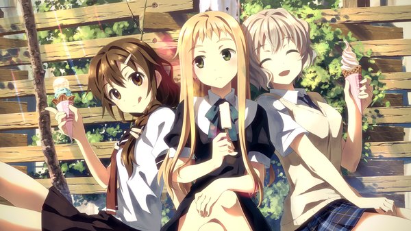 Anime picture 3840x2160 with original yuuki tatsuya long hair looking at viewer blush highres short hair blonde hair brown hair wide image sitting multiple girls brown eyes green eyes absurdres outdoors eyes closed pleated skirt scan wallpaper