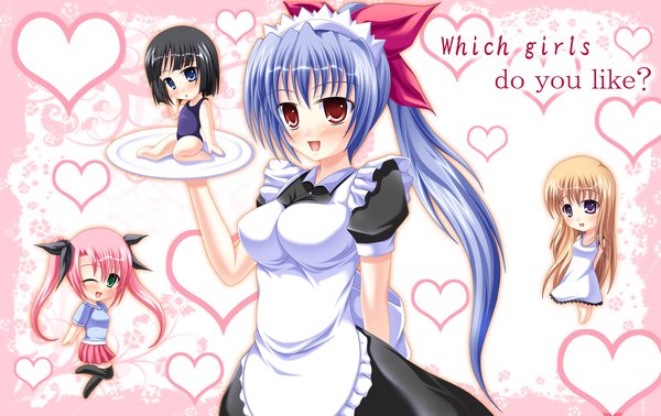 Anime picture 1900x1200 with yuunagi kanade long hair blush highres red eyes blue hair maid chibi girl heart
