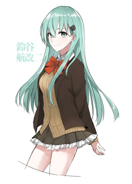 Anime picture 900x1254 with kantai collection suzuya heavy cruiser morinaga (harumori) single long hair tall image looking at viewer fringe simple background smile hair between eyes white background aqua eyes aqua hair remodel (kantai collection) girl uniform school uniform hairclip