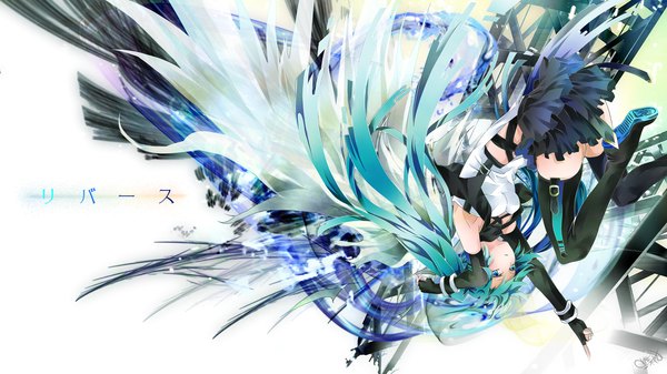 Anime picture 1500x844 with vocaloid hatsune miku tyouya single blue eyes wide image twintails very long hair aqua hair girl dress skirt detached sleeves miniskirt