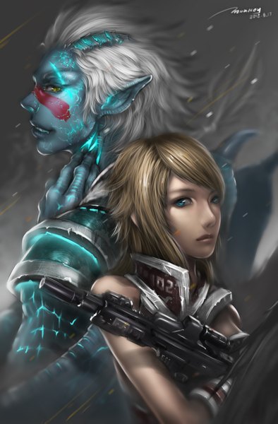 Anime picture 2051x3118 with monkey (weibo) tall image highres short hair blue eyes blonde hair green eyes horn (horns) pointy ears grey hair teeth glowing sharp teeth face paint demon blue skin girl boy weapon wings