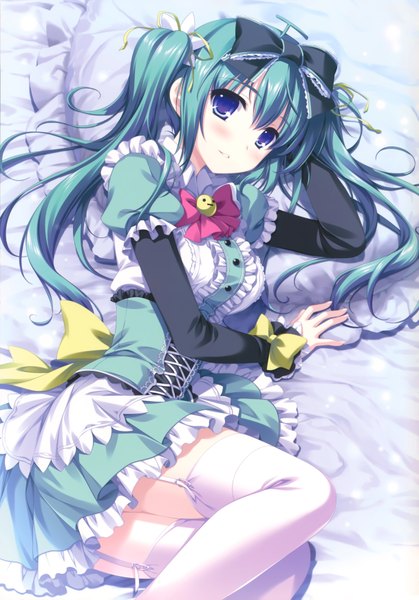 Anime picture 4872x6972 with melonbooks melon-chan alpha (yukai na nakamatachi) single long hair tall image looking at viewer blush highres blue eyes twintails absurdres green hair girl thighhighs dress hair ornament bow hair bow white thighhighs