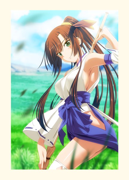Anime picture 1683x2336 with strike the blood kirasaka sayaka ironizer single long hair tall image blush light erotic brown hair green eyes sky cloud (clouds) ponytail sunlight coloring mountain framed girl bow plant (plants)