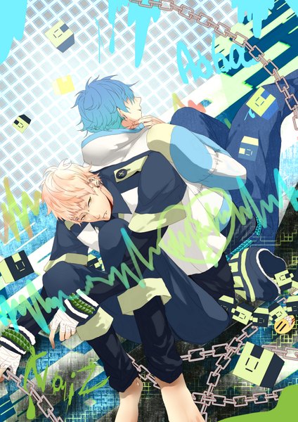 Anime picture 1349x1908 with dramatical murder nitro+chiral aoba (dmmd) noiz (dmmd) tagme (artist) tall image fringe short hair blonde hair sitting green eyes blue hair looking away hair over one eye inscription multiple boys no shoes piercing back to back hand on face