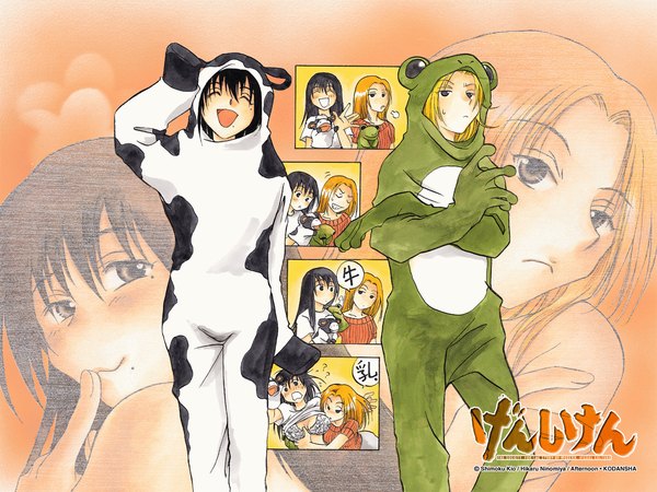 Anime picture 1600x1200 with genshiken afternoon (magazine) arms corporation oono kanako kasukabe saki cosplay parody cow girl comic frog girl 4koma cowgirl girl frog puppet puppetmuppet ninomiya hikaru