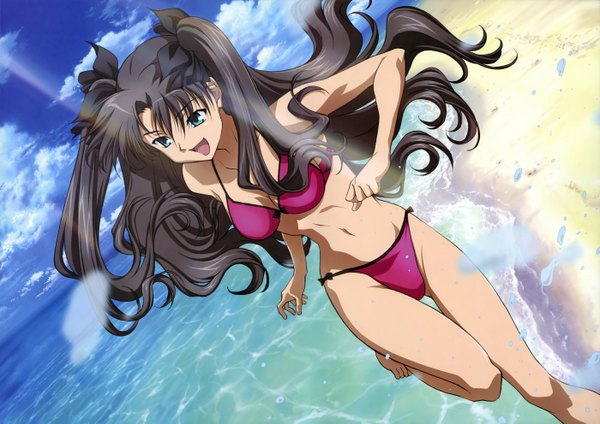 Anime picture 1400x991 with fate (series) fate/stay night studio deen type-moon toosaka rin long hair blue eyes sky cloud (clouds) beach sand running girl navel swimsuit water sea splashes