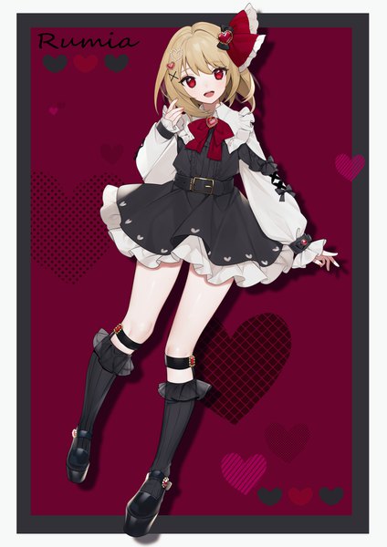 Anime picture 2893x4092 with touhou rumia renkarua single tall image looking at viewer highres short hair open mouth blonde hair red eyes full body :d character names border red background heart print girl hair ornament ribbon (ribbons)